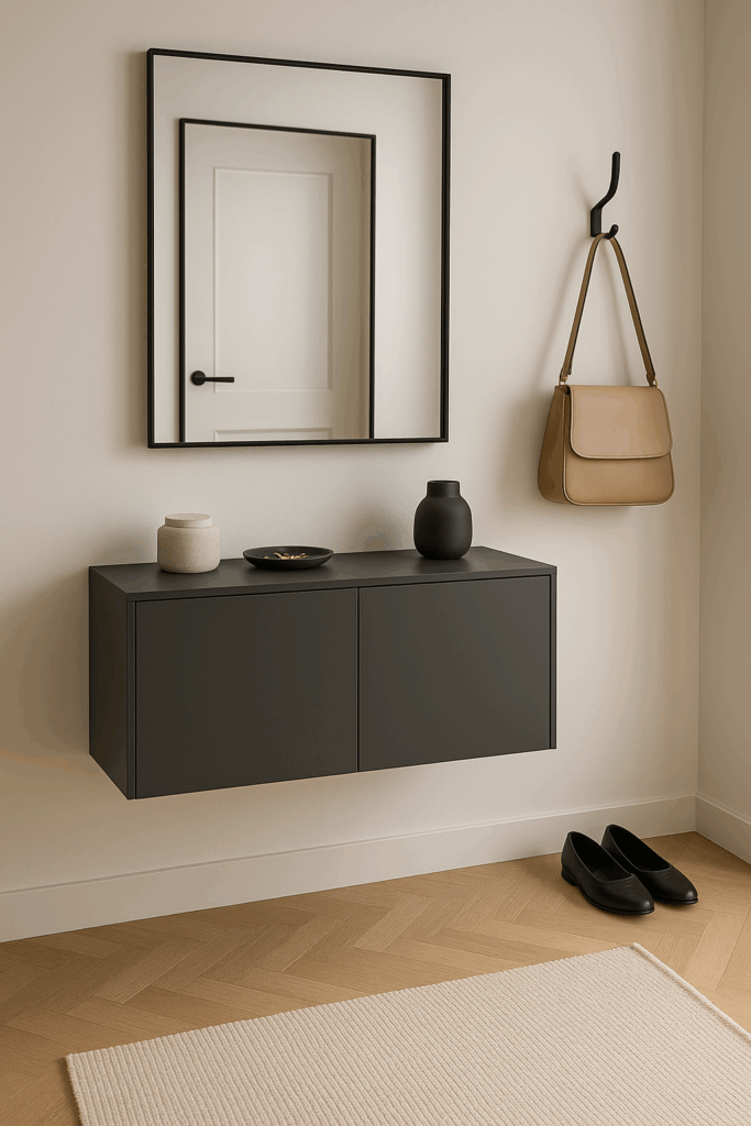 Eingangsbereich mit schwebender Holzkonsole, rundem Spiegel und minimalistischer Deko, die den Flur offen und leicht wirken lässt.