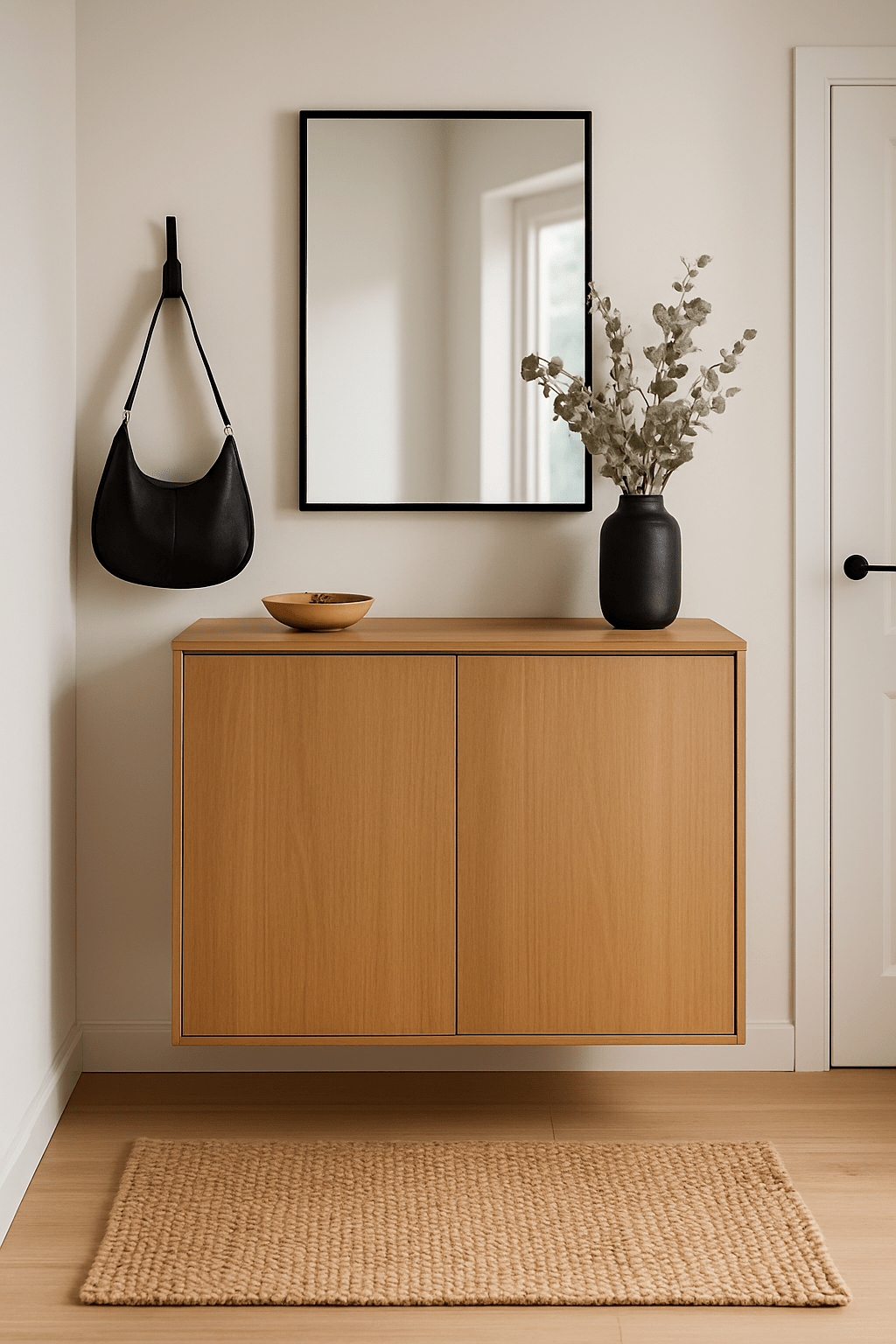 Moderner Flur mit griffloser, schwebender Holzkommode, schwarzem Spiegel und reduzierter Deko für ein ruhiges, cleanes Gesamtbild.