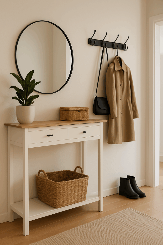 Schlichter Flur mit einem weißen Konsolentisch, einem dekorativen Korb und einer kleinen Aufbewahrungsbox für alltägliche Kleinigkeiten.