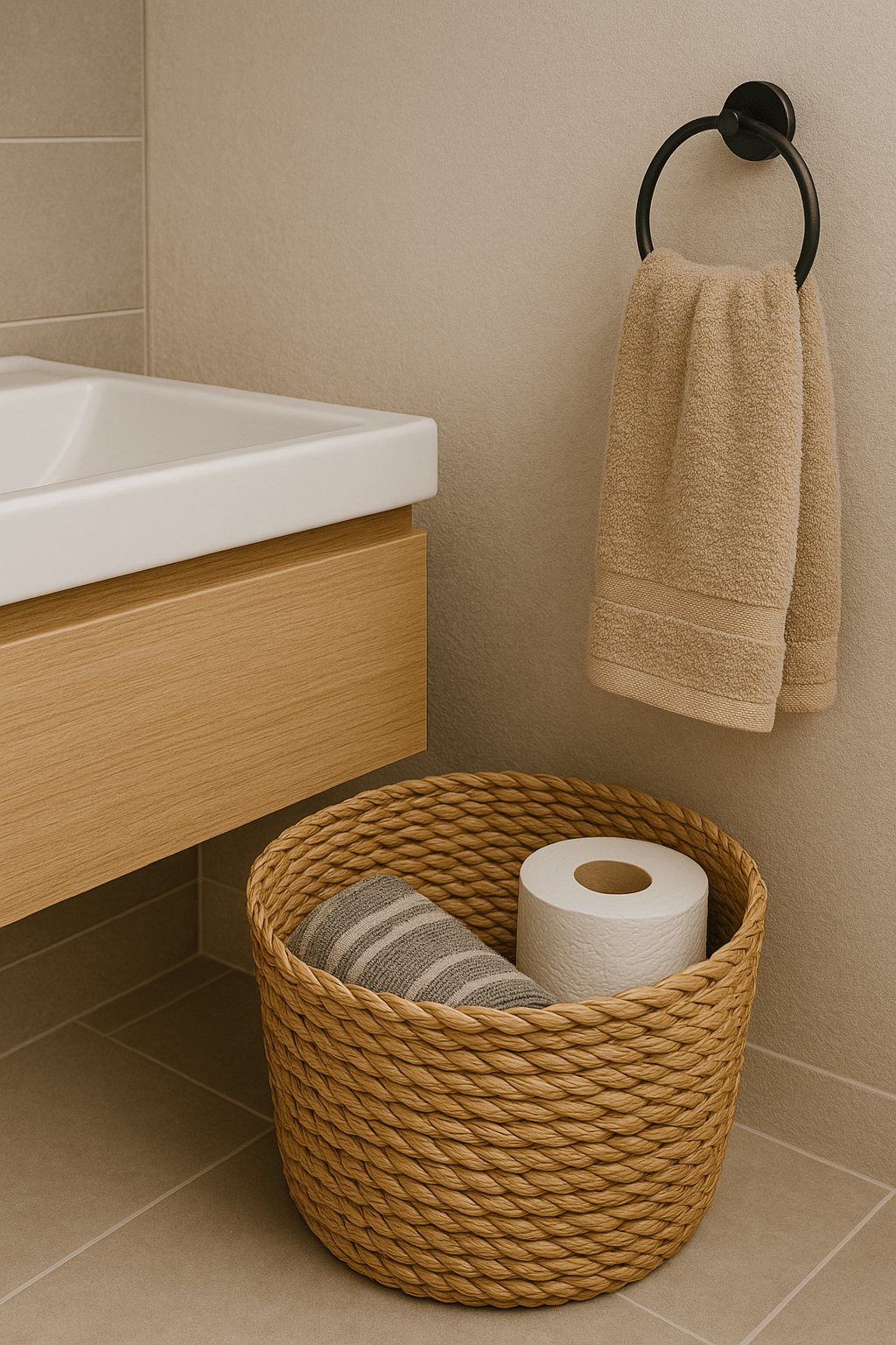 Kleines modernes Gäste-WC mit hellen Beigetönen, Wandwaschbecken und einem runden Holzspiegel. Unter dem Waschbecken steht ein dekorativer Seegraskorb mit zwei weißen Handtüchern als ordentliche, stilvolle Stauraumlösung.