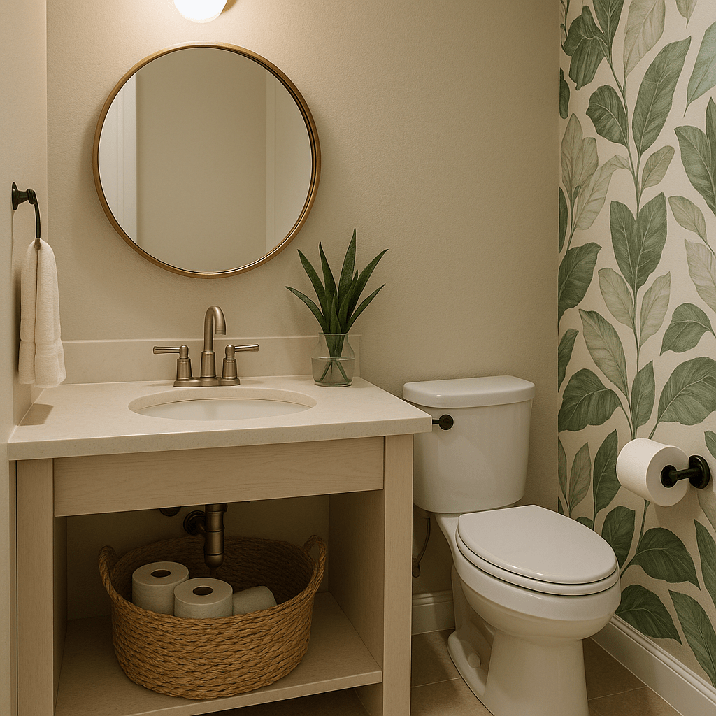 Helles Gäste-WC mit rundem Messingspiegel, Holzwaschtisch und einer Wand mit zarter Blatt-Tapete in Grün. Auf dem Waschtisch steht eine Pflanze, darunter ein Korb mit Toilettenpapier – moderne, dezente Statement-Optik.