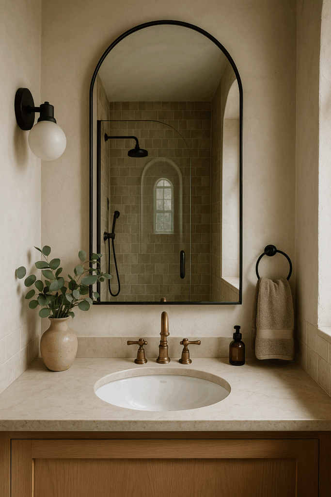Großer, moderner Bogen-Spiegel in einem kleinen Gäste-Bad, der durch helle Naturtöne, Messingarmaturen und eine elegante Wandlampe den Raum optisch vergrößert.