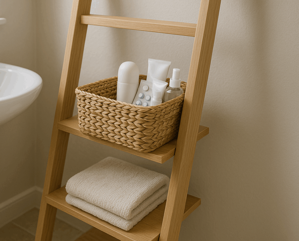 Beiges, minimalistisches Badezimmer mit modernem rundem Holzspiegel und Wandwaschbecken. Auf der Toilette steht ein geflochtener Korb gefüllt mit kleinen Hygiene- und Pflegeprodukten als stilvolles SOS-Körbchen.