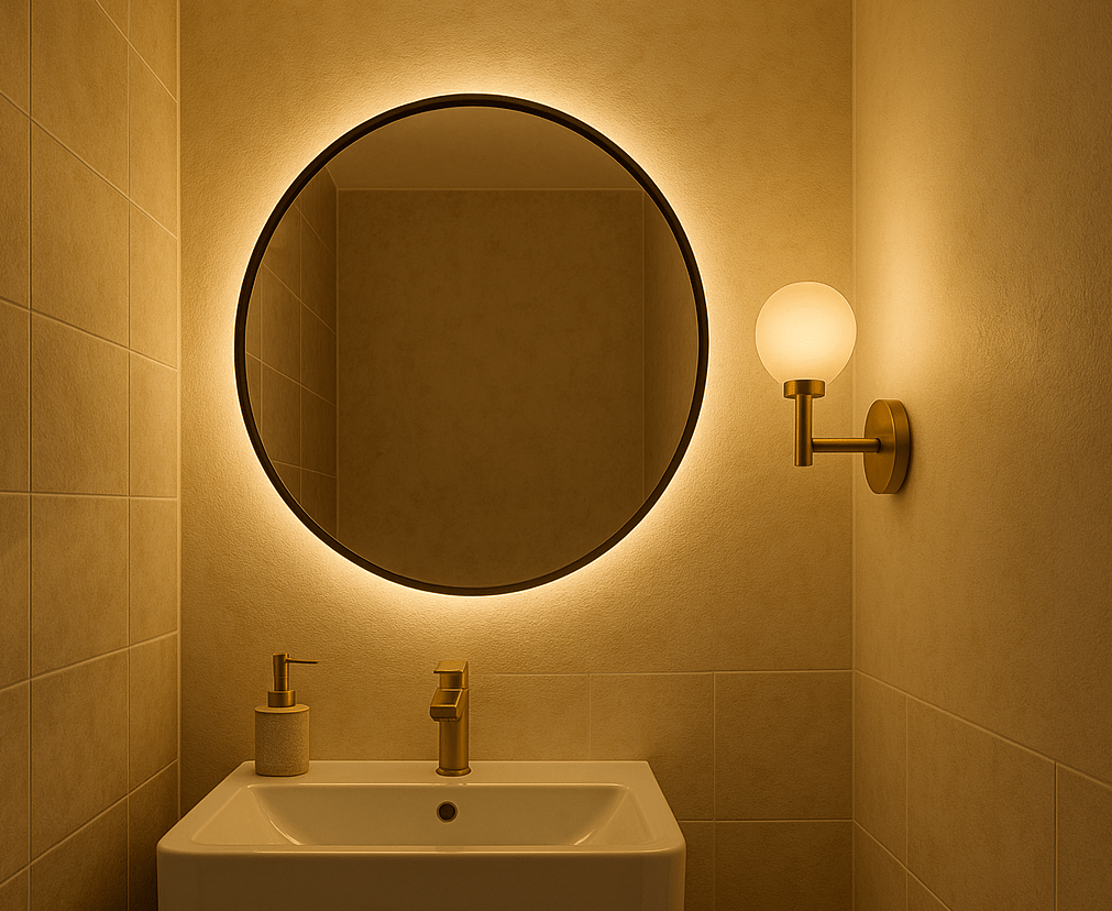 Sanft beleuchtetes kleines Badezimmer mit harmonischer Kombination aus Deckenleuchte und warmweißer Wandleuchte neben einem runden Spiegel.