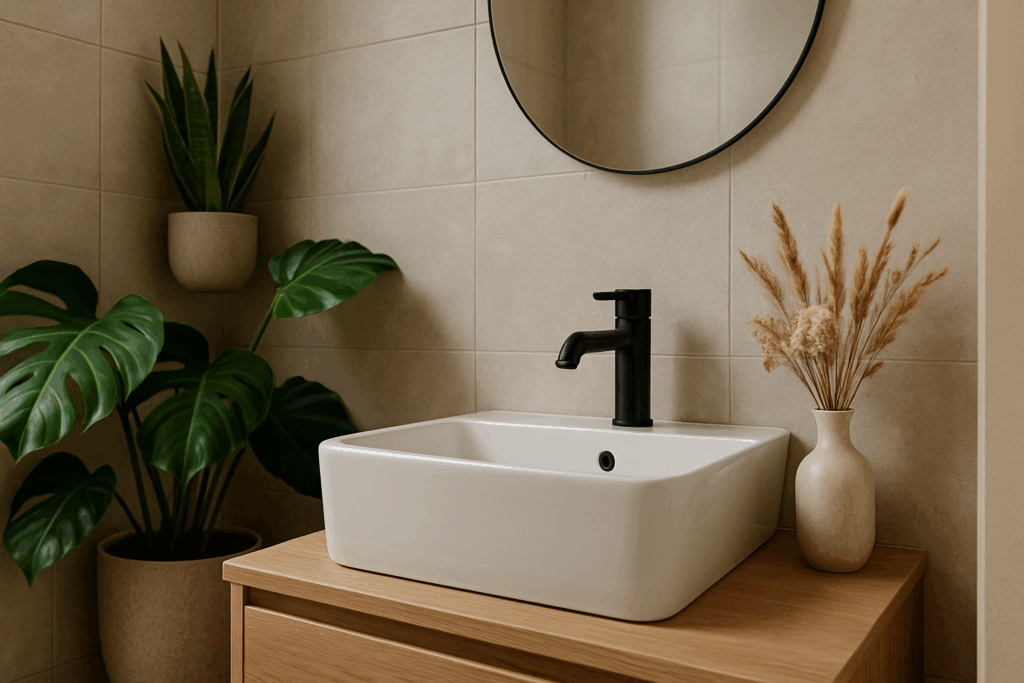 Modernes kleines Gästebad mit rundem Spiegel, hellem Holzwaschtisch, Grünpflanzen und Trockenblumen; natürliche, ruhige Badezimmereinrichtung mit warmem Licht.