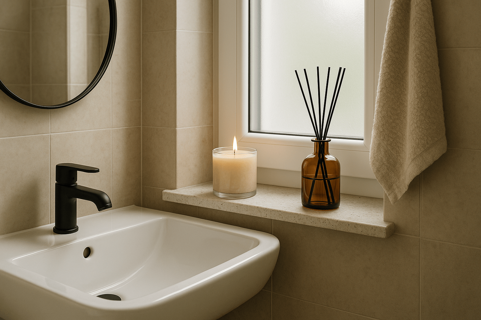 Modernes kleines Bad mit beiger Fliesenwand, schwarzem Wasserhahn und Fensterbank. Darauf stehen eine brennende Duftkerze und ein eleganter Amber-Diffuser als Duftakzent.