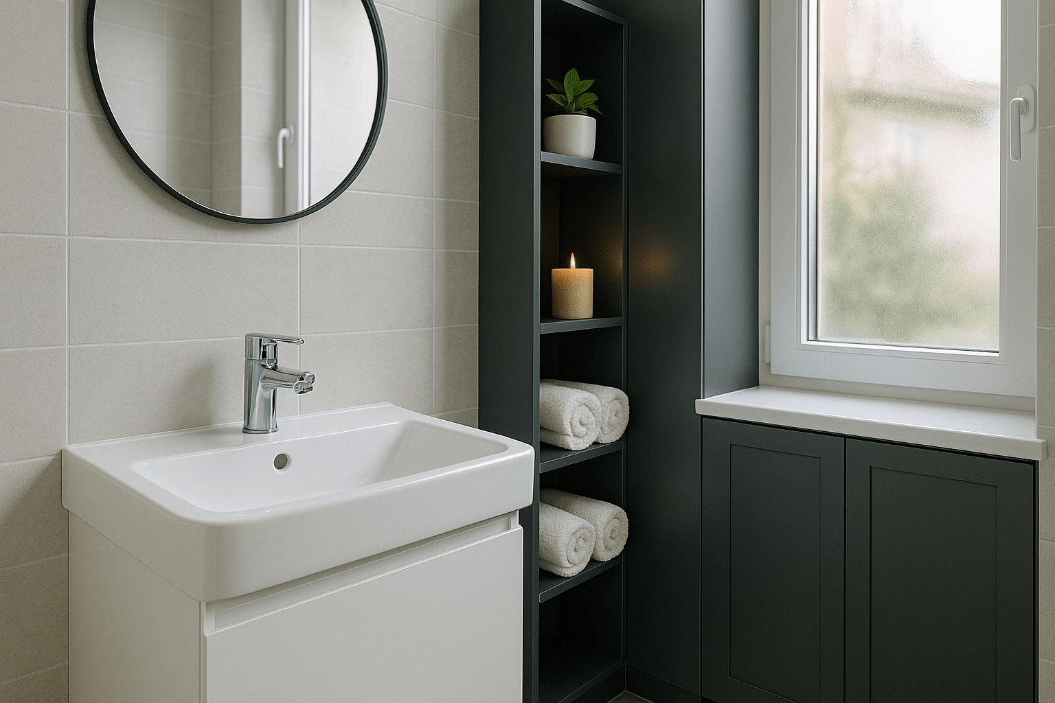 Modernes Badezimmer in hellem Grau mit weißem Waschtisch und dunkelgrauem Hochschrank. Offene Fächer enthalten gerollte Handtücher, eine Kerze und eine kleine Pflanze – platzsparende, elegante Stauraumlösung.