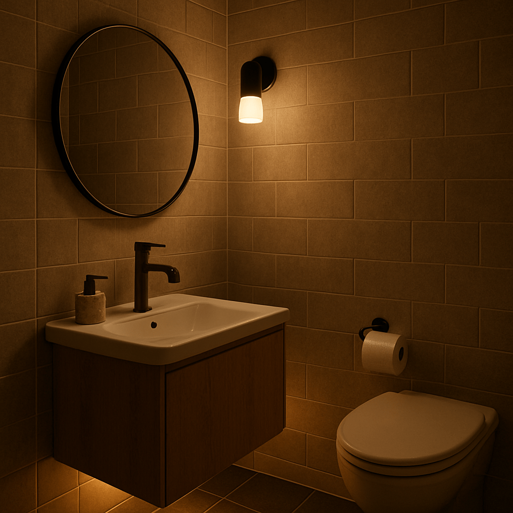 Modernes Gäste-WC mit indirektem Nachtlicht unter einer schwebenden Holz-Waschkonsole, das den Boden nachts dezent beleuchtet.