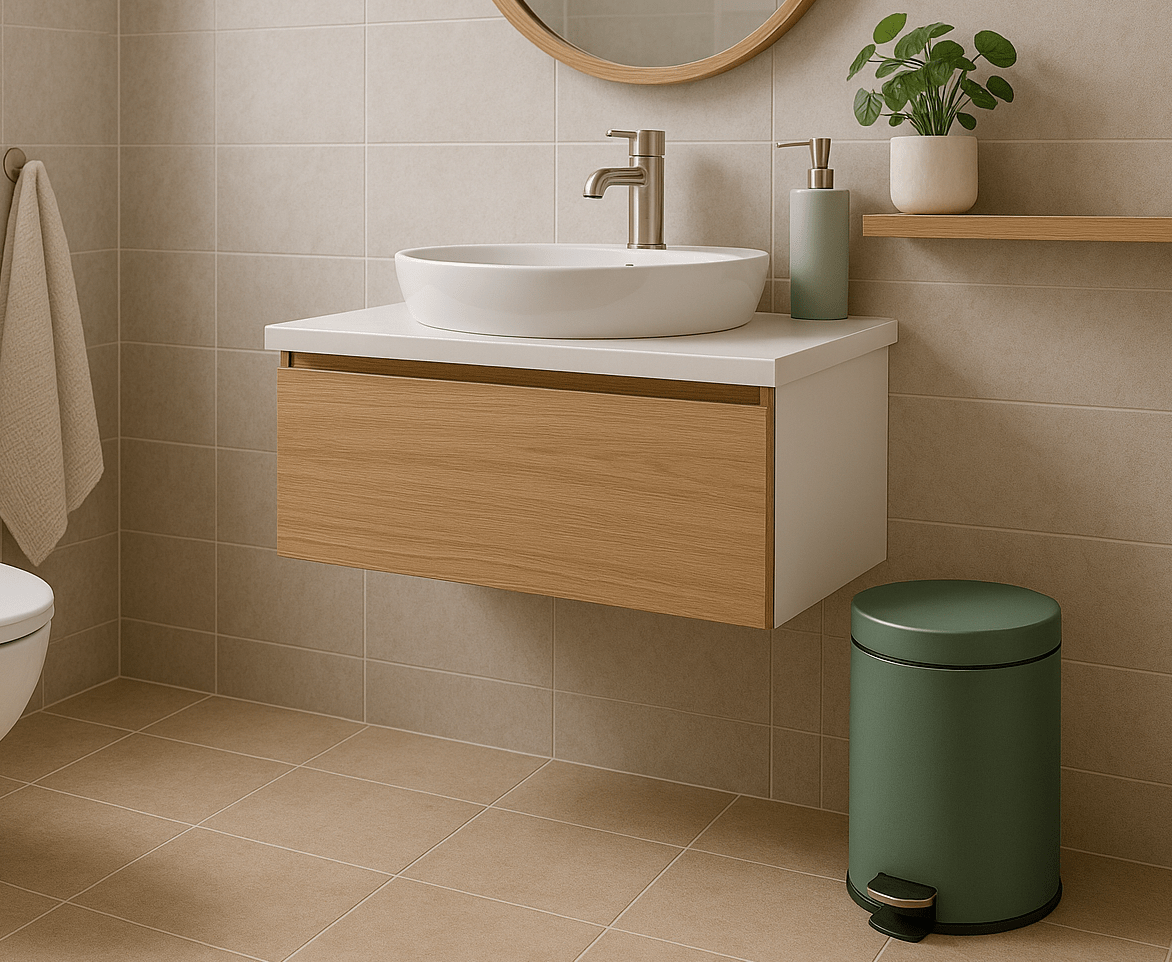 Kompakter Mülleimer in Salbeigrün aus Metall in modernem Bad mit hellen Fliesen und schwebendem Holzwaschtisch, stilvoll integriert.