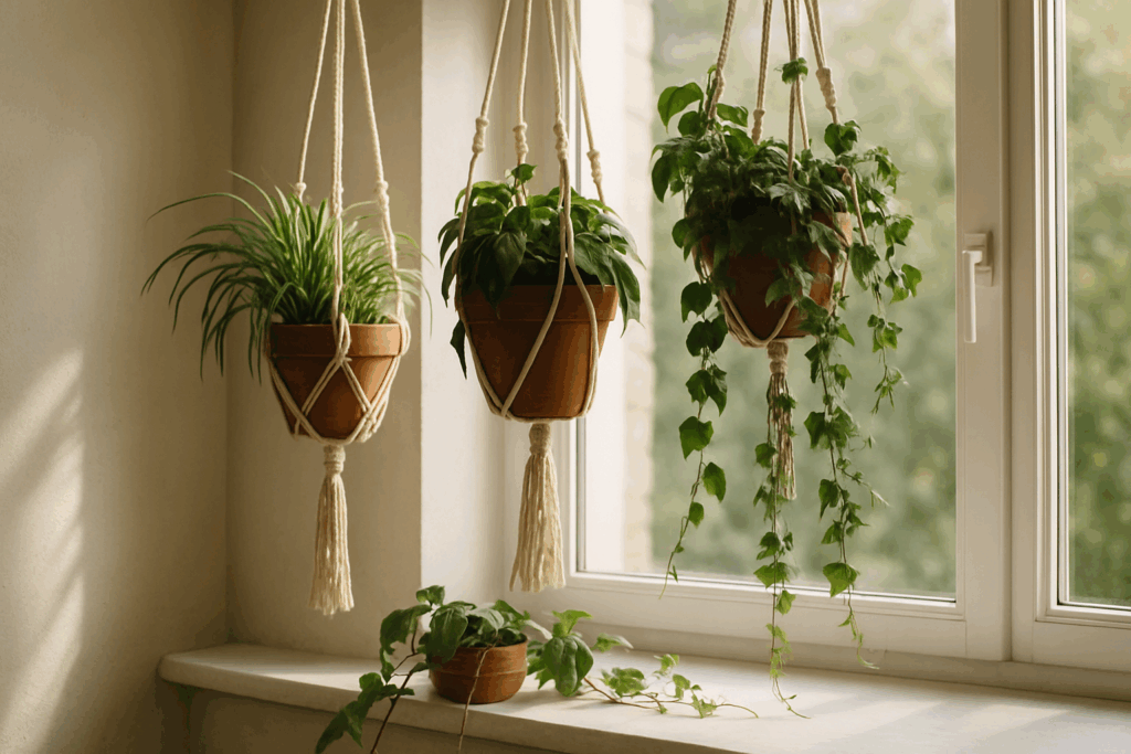 Hängende Makramee-Pflanzenampeln mit üppigem Efeu, Philodendron und Grünlilie vor einem hellen Fenster, warmes Sonnenlicht fällt auf die Fensterbank und schafft eine gemütliche, natürliche Atmosphäre.