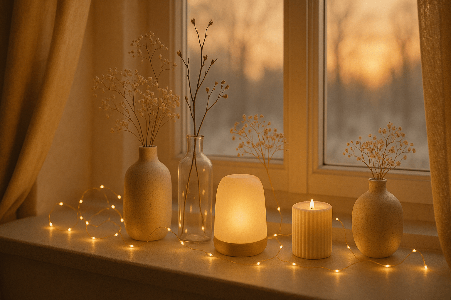 Gemütlich dekorierte Fensterbank im warmen Licht der goldenen Stunde, mit zarten Trockenblumen in Keramik- und Glasvasen, einer sanft leuchtenden LED-Lampe, einer gerippten weißen Kerze und locker drapierten, warmen Lichterketten vor einem weichen Winter-Sonnenuntergang.