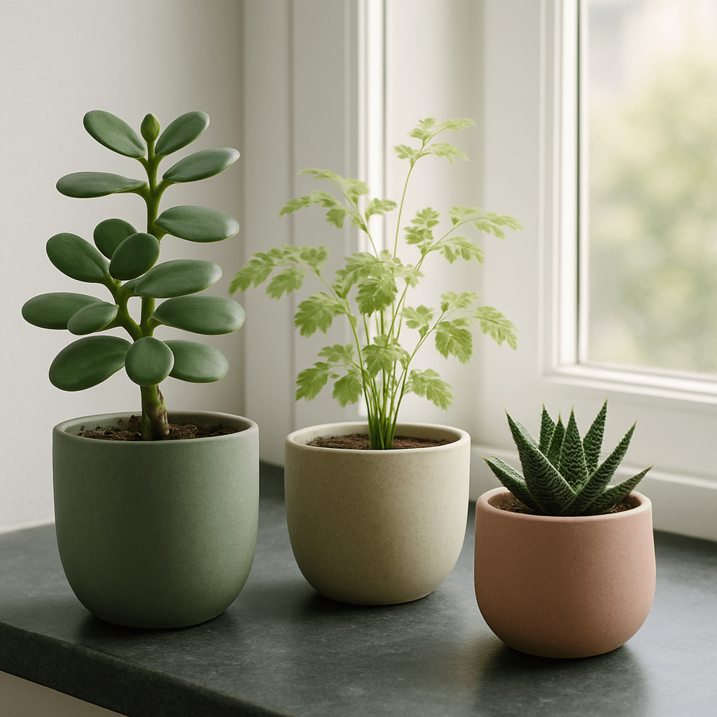 Drei minimalistisch arrangierte Zimmerpflanzen – eine Jadepflanze, eine zarte, luftige Grünpflanze und eine kleine Haworthia – stehen in matten, strukturierten Töpfen in Beige, Salbeigrün und Rosé auf einer dunklen Steinfensterbank. Dahinter ein weißer Fensterrahmen mit leicht verschwommenem Außenblick, sanftes Tageslicht sorgt für klare, frische Stimmung.