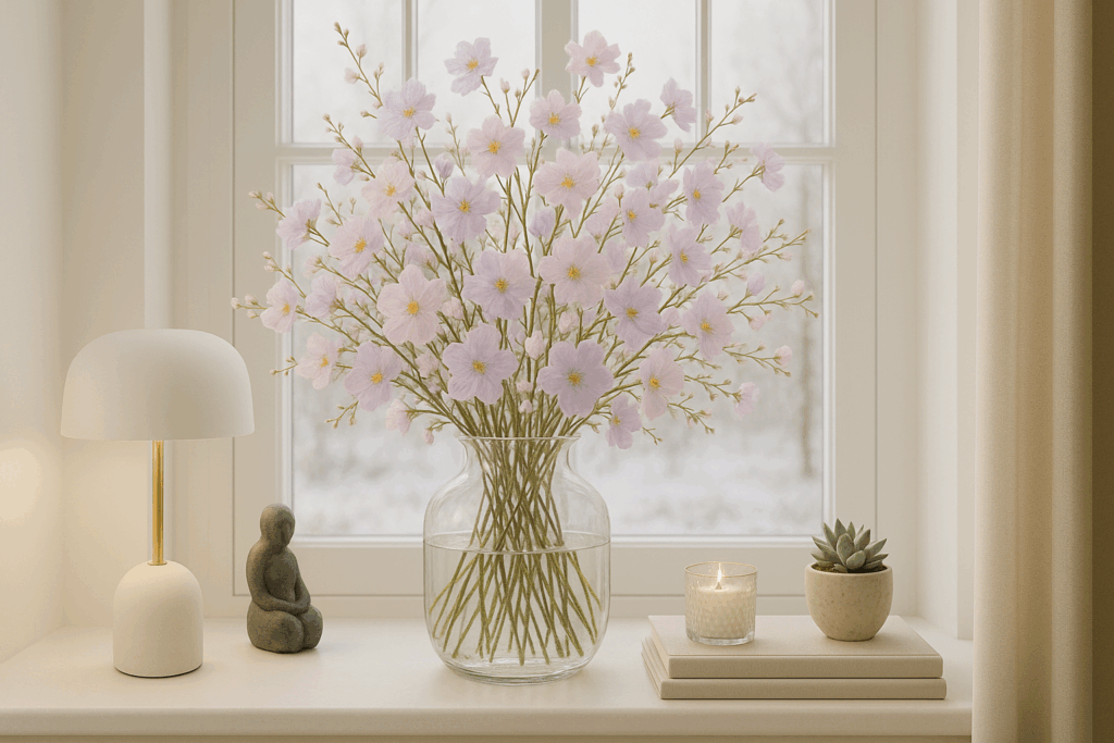 Großer Strauß zarter pastelllilafarbener Blumen in einer klaren Glasvase auf einer hellen Fensterbank, ergänzt durch eine moderne Tischlampe, zwei kleine Steinskulpturen, eine Kerze im strukturierten Glas und eine Sukkulente auf gestapelten Büchern vor winterlichem, unscharfem Gartenhintergrund.