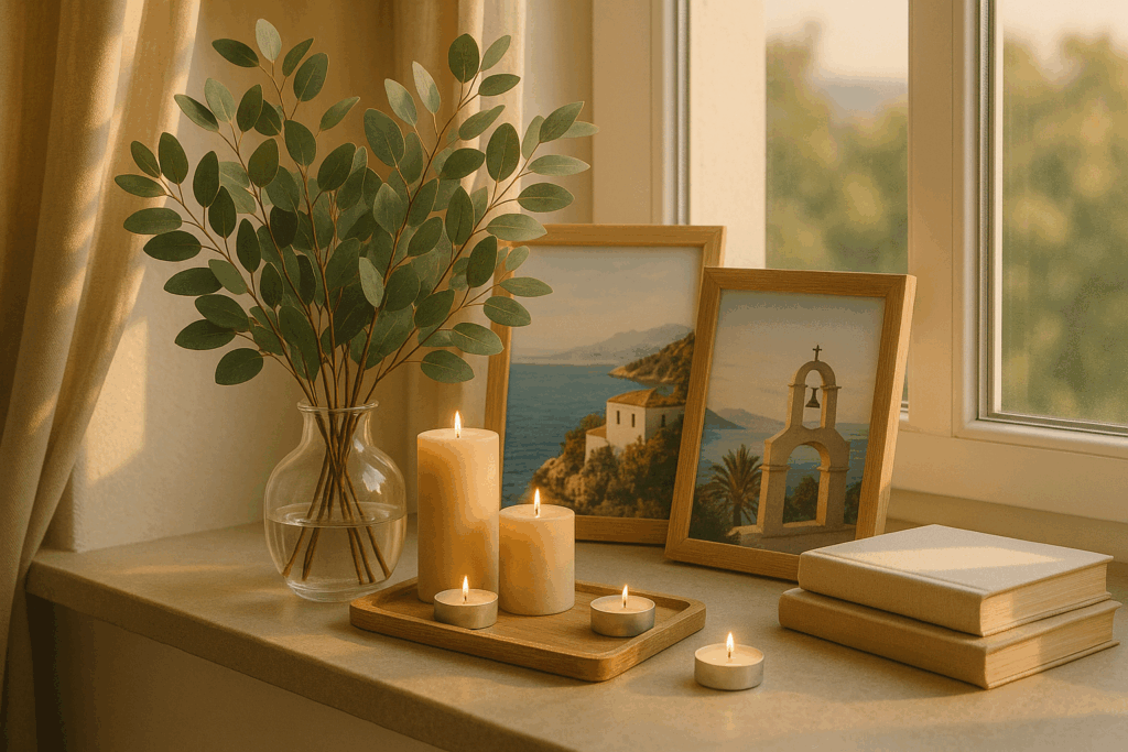 Hyperrealistische, gemütliche Fensterbank im warmen Nachmittagslicht mit üppigem Eukalyptusstrauß in einer runden Glasvase, zwei Urlaubsfotos in Naturholzrahmen, mehreren beige-farbenen Kerzen auf einem Holztablett sowie einem kleinen Bücherstapel. Sanfte beigefarbene Vorhänge und ein leicht verschwommener Grünausblick sorgen für eine warme, skandinavische Atmosphäre.
