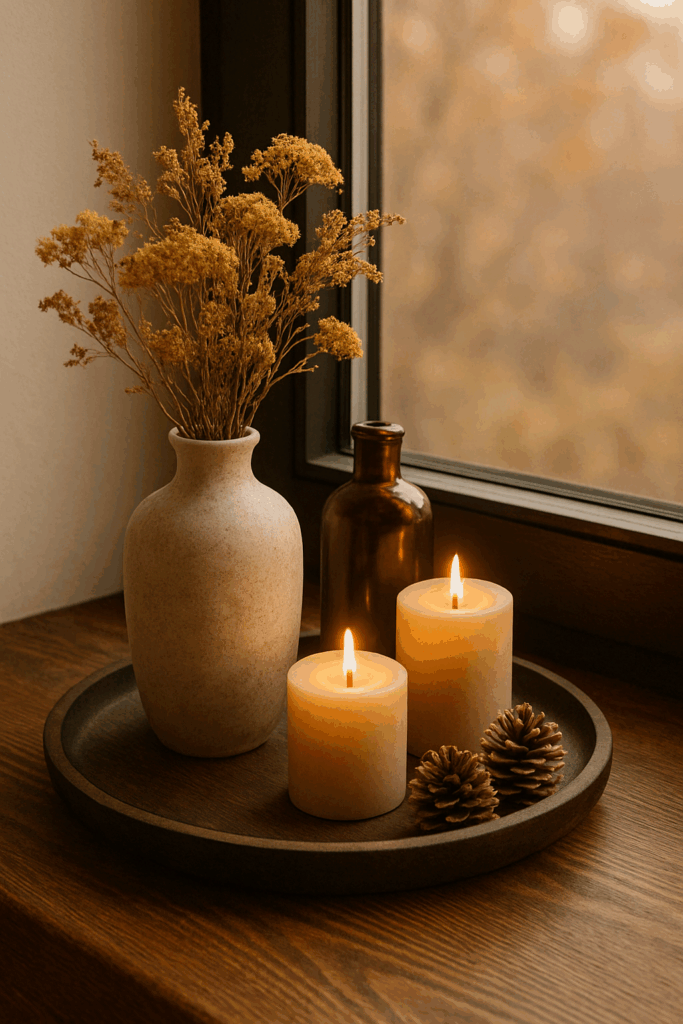 Hyperrealistische herbstliche Fensterbankdeko mit einem runden dunklen Holztablett, darauf eine beige Keramikvase mit getrockneten gelb-braunen Wildblumen, eine braune Glasflasche, zwei warm leuchtende Kerzen in matten Haltern und mehrere kleine Tannenzapfen. Dunkler moderner Fensterrahmen, warmes Holz, weiches Nachmittagslicht und unscharfe herbstliche Landschaft im Hintergrund.
