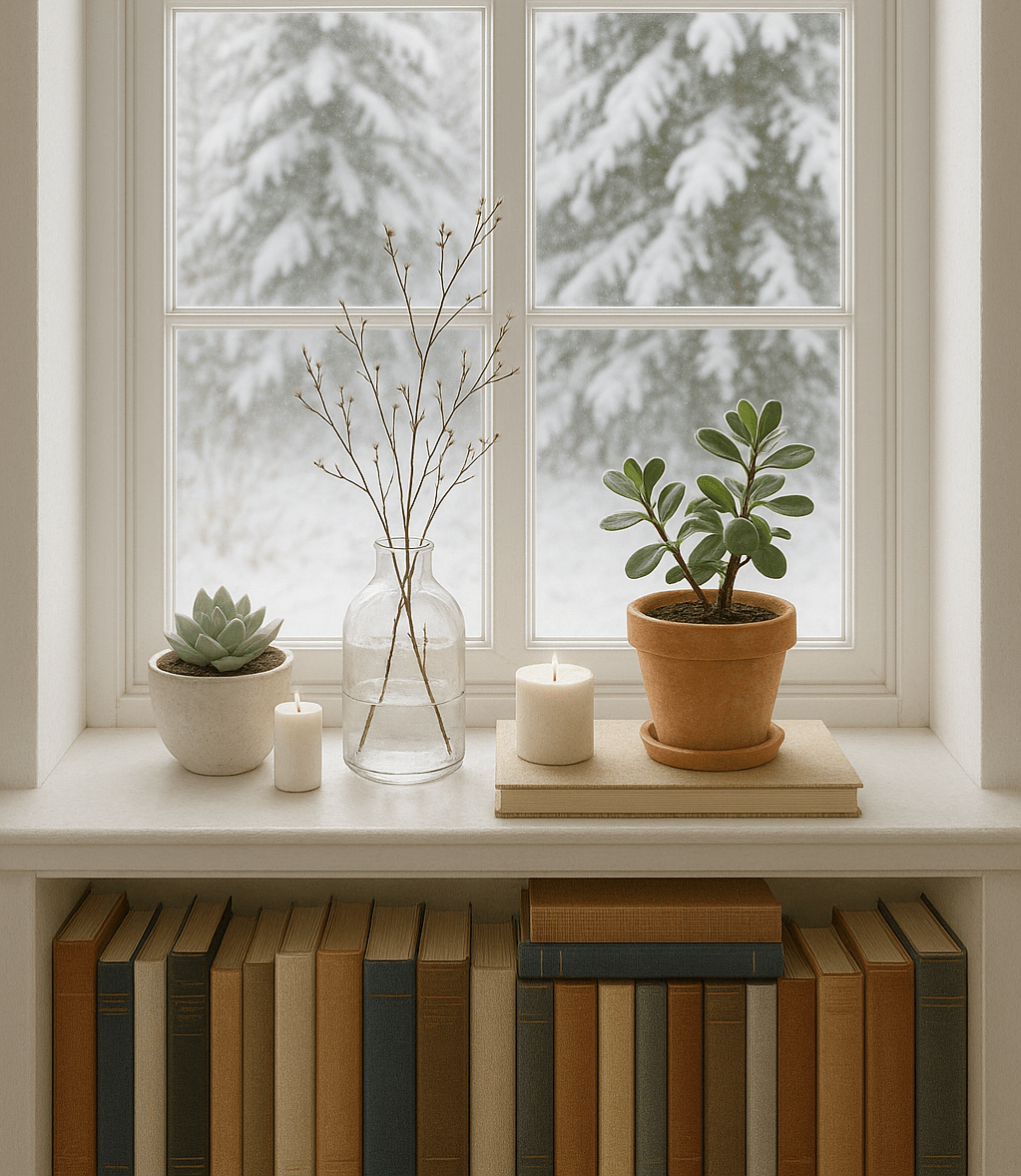 Helle Winterfenster-Szene mit verschneiten Tannen draußen; auf der Fensterbank stehen eine Sukkulente, eine Glasvase mit Zweigen, eine Kerze und eine Pflanze im Terrakottatopf. Darunter ein Regal mit Büchern in unterschiedlich farbigen, realistischen Einbänden in warmen Naturtönen.