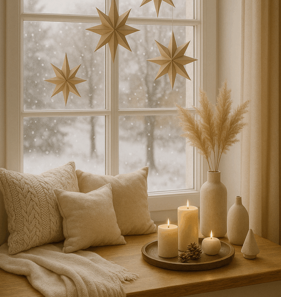 Hyperrealistische winterliche Fensterbankszene mit weißem Rahmen und fallendem Schnee draußen. Vor dem Fenster hängen beige und champagnerfarbene Papiersterne in verschiedenen Höhen. Auf der Holzbank liegen gestrickte und Leinenkissen sowie eine weiche Decke. Daneben stehen Kerzen auf einem Holztablett, getrocknetes Pampasgras in Keramikvasen und minimalistische Winterdeko. Beige Vorhänge und sanftes Tageslicht sorgen für eine warme, skandinavische Atmosphäre.