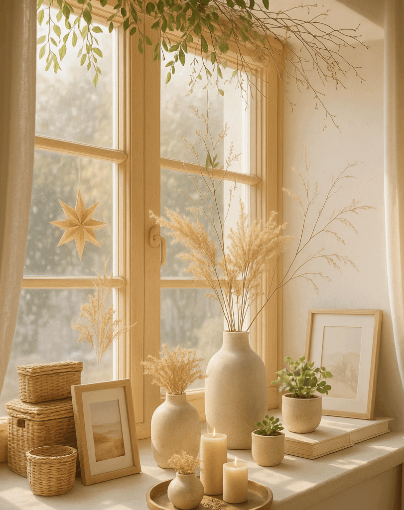 Helles boho-inspiriertes Fensterbrett im warmen Morgenlicht mit hellen Holzrahmen, geflochtenen Körben, beige Keramikvasen, getrockneten Gräsern, kleinen Grünpflanzen und einem runden Holztablett mit Kerzen. Über dem Fenster hängen zarte Zweige und Grünranken wie ein natürlicher Baldachin. Weiche Vorhänge rahmen die Szene, draußen verschwimmt eine sonnige Landschaft.