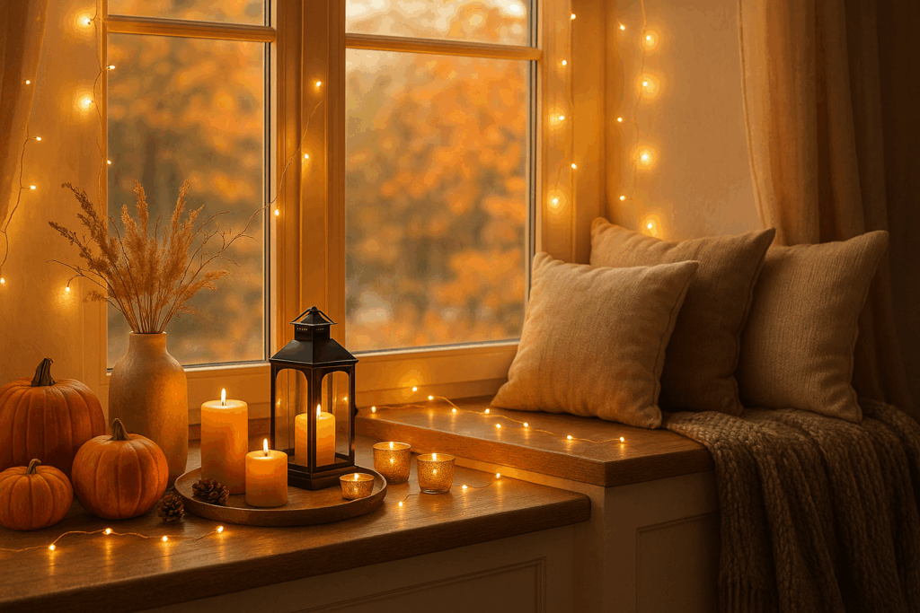 Herbstlich dekorierte Fensterbank mit kleinen und mittelgroßen Kürbissen in warmen Orangetönen, schwarzer Laterne mit Kerze, goldenen Teelichthaltern und einer Lichterkette. Daneben liegen beige Kissen und eine grob gestrickte graue Decke auf der Sitzfläche. Draußen sind unscharfe Bäume in Orange-, Rot- und Gelbtönen zu sehen, warmes Abendlicht schafft eine gemütliche Atmosphäre.
