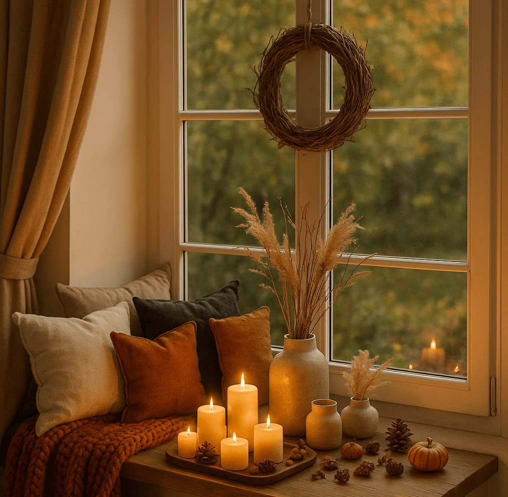Gemütliche herbstliche Fensternische mit vielen kuscheligen Kissen in Weiß, Beige, Anthrazit und Rostorange sowie dicken Decken, darunter eine grob gestrickte rostfarbene und eine weiße Faux-Fur-Decke. Auf der breiten Fensterbank stehen zahlreiche brennende Kerzen, Tannenzapfen, kleine herbstliche Dekoobjekte und eine hängende Naturkranz-Deko. Ein kleiner runder Beistelltisch mit Kerzen und einer Tasse ergänzt die Szene. Draußen unscharfer Garten mit frühem Herbstlaub, warmes Abendlicht erzeugt eine intime, heimelige Atmosphäre.
