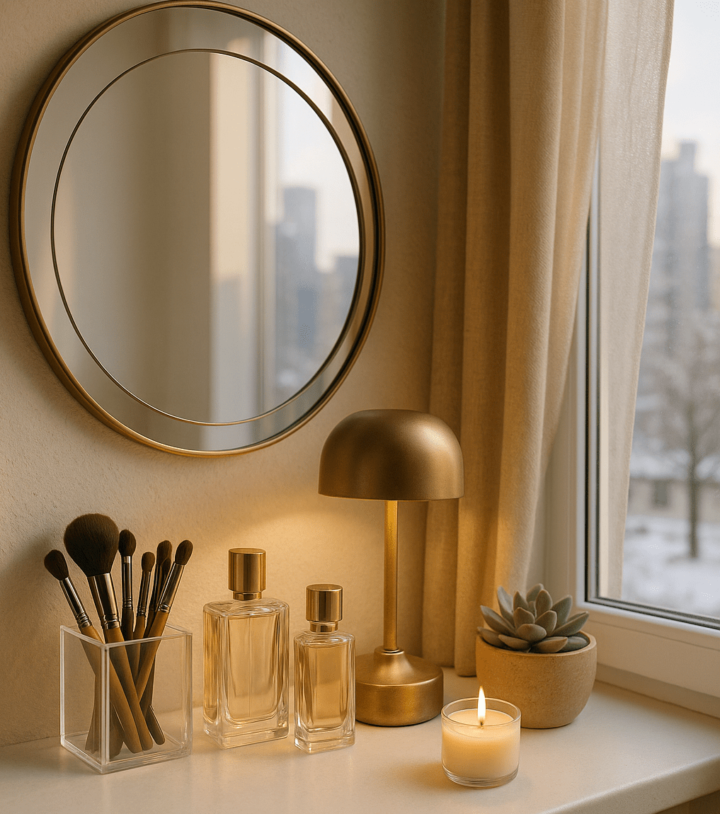 Gemütlich dekorierte Fensterbank mit goldenem Rundspiegel, kleiner goldener Tischlampe, Make-up-Pinseln im Acrylhalter, zwei Parfumflakons, einer brennenden Kerze und einer Sukkulente neben beigefarbenen Vorhängen; im Hintergrund unscharfe urbane Skyline im Winter.