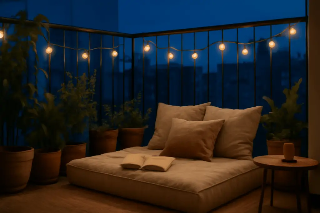 Gemütliche Leseecke auf dem Balkon mit Bodenkissen, Pflanzen, Lichterkette und warmem Abendlicht, entspannte Atmosphäre im Freien