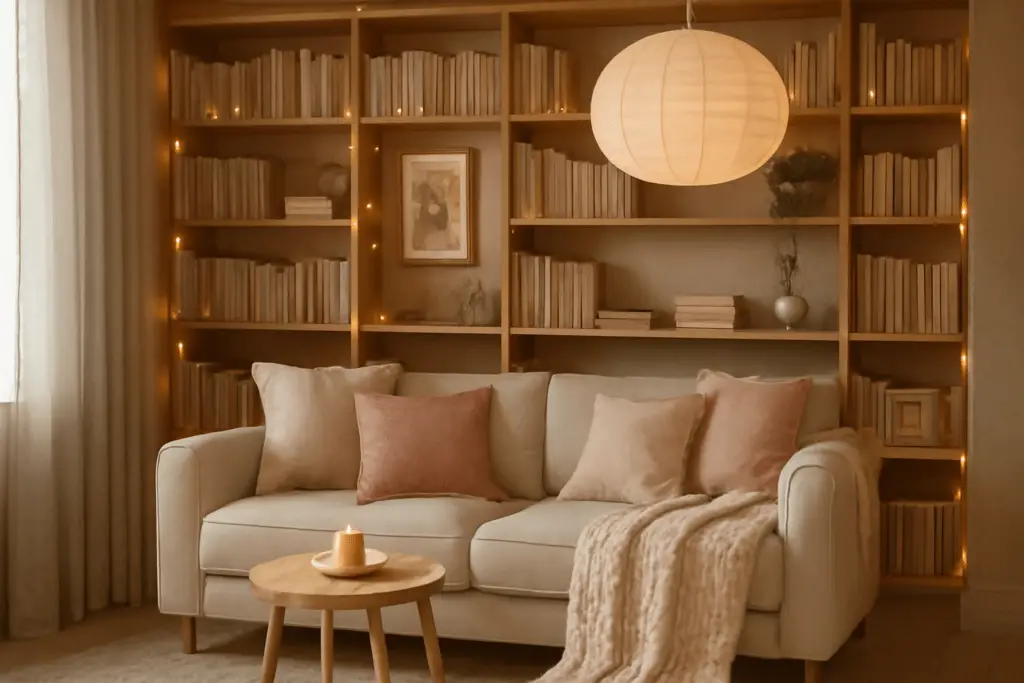 Gemütliche Leseecke mit Sofa vor einer warm beleuchteten Bücherwand, Kissen und Strickdecke, wohnlicher Hygge-Stil mit natürlichem Licht