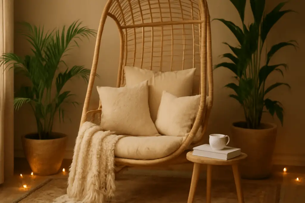 Boho Leseecke mit Bodenkissen, Ethno-Kissen, Pflanzen und warmen Erdtönen, gemütlicher Rückzugsort mit natürlichem Licht