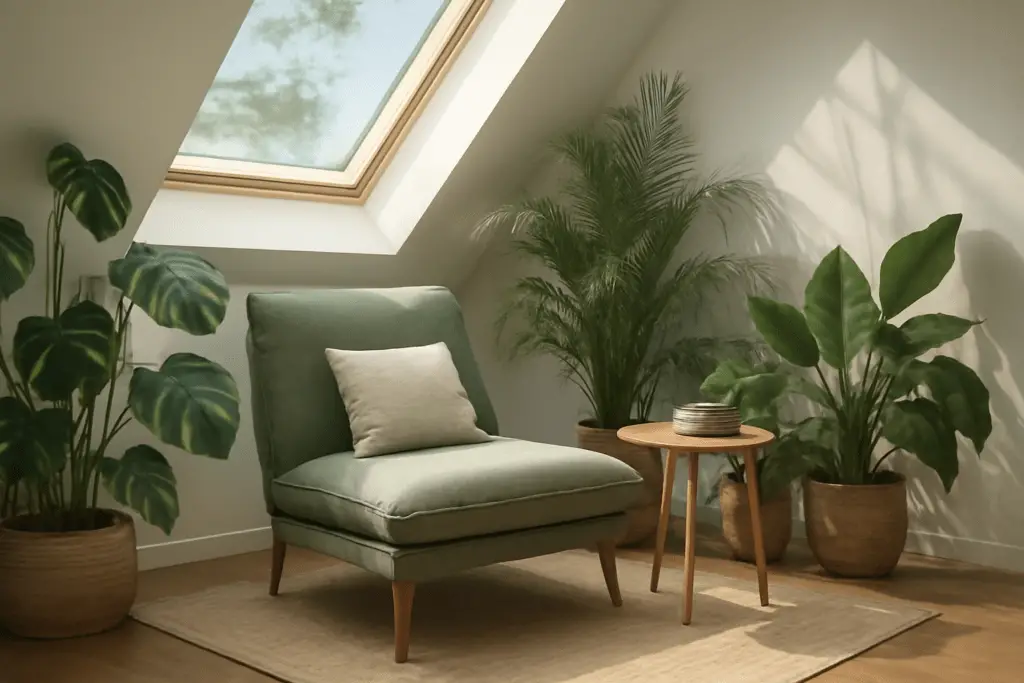 Gemütliche Leseecke unter einem Dachfenster mit grünem Sessel, vielen Zimmerpflanzen, kleinem Beistelltisch und hellem Tageslicht, natürliche ruhige Atmosphäre