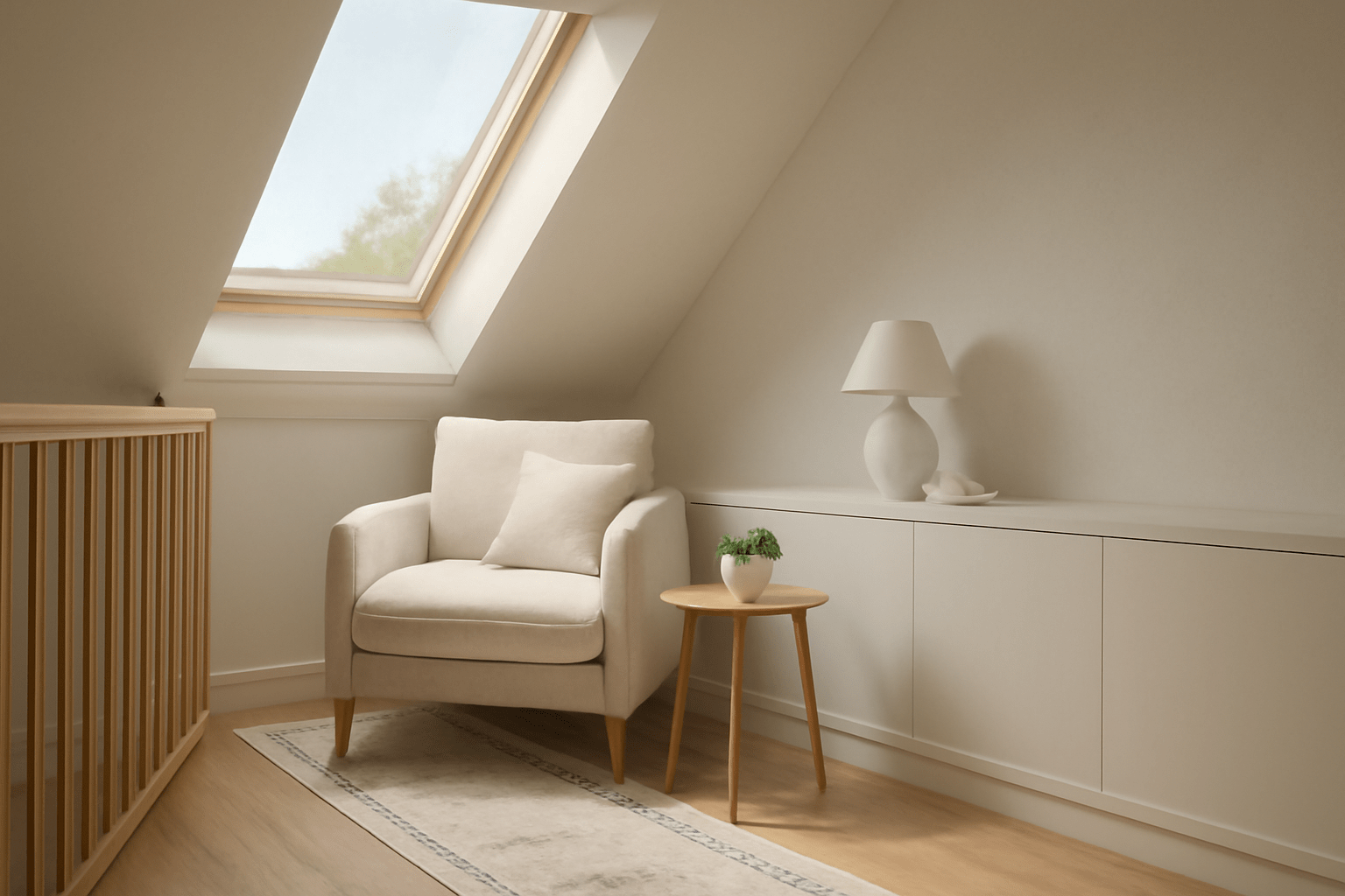 Minimalistische Leseecke mit rundem Bodensessel in Beige, Pouf, Holz-Beistelltisch und dezenten Naturmaterialien, ruhige skandinavische Wohnatmosphäre