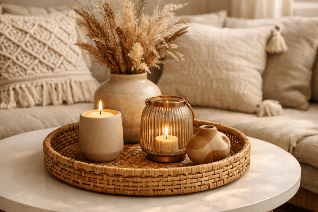 Boho Deko Tablett auf rundem weißen Couchtisch mit geflochtenem Rattan Tablett, beigefarbener Kerze, geriffeltem Glaswindlicht mit Kerze und dekorativem Keramikobjekt, im Hintergrund neutrale Vase mit Trockenblumen und gemütliches Sofa mit strukturierten Boho Kissen in warmem Tageslicht

