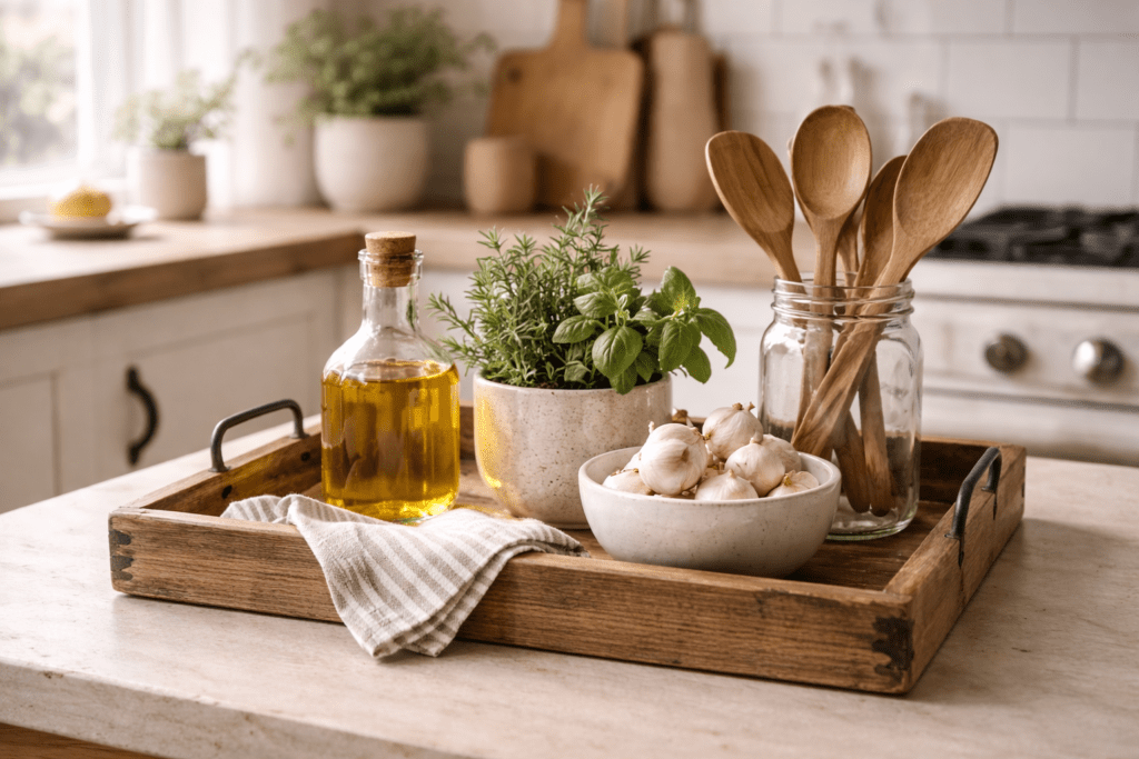 Rustikales Küchen-Deko-Tablett aus Holz auf heller Arbeitsfläche mit Glasflasche Olivenöl, frischen Kräutern im Keramiktopf, Schale mit Knoblauchknollen, Holzkochlöffeln im Glas und locker drapiertem Küchentuch in warmer, natürlicher Lichtstimmung.
