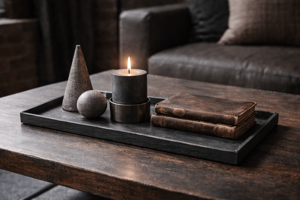 Industrielles Deko-Tablett aus schwarzem Schiefer auf dunklem Holztisch mit schwarzer Kerze im Metallhalter, minimalistischen Betonobjekten und geschlossenem Lederbuch, stimmungsvoll beleuchtet in urbaner, eleganter Interior-Szene.
