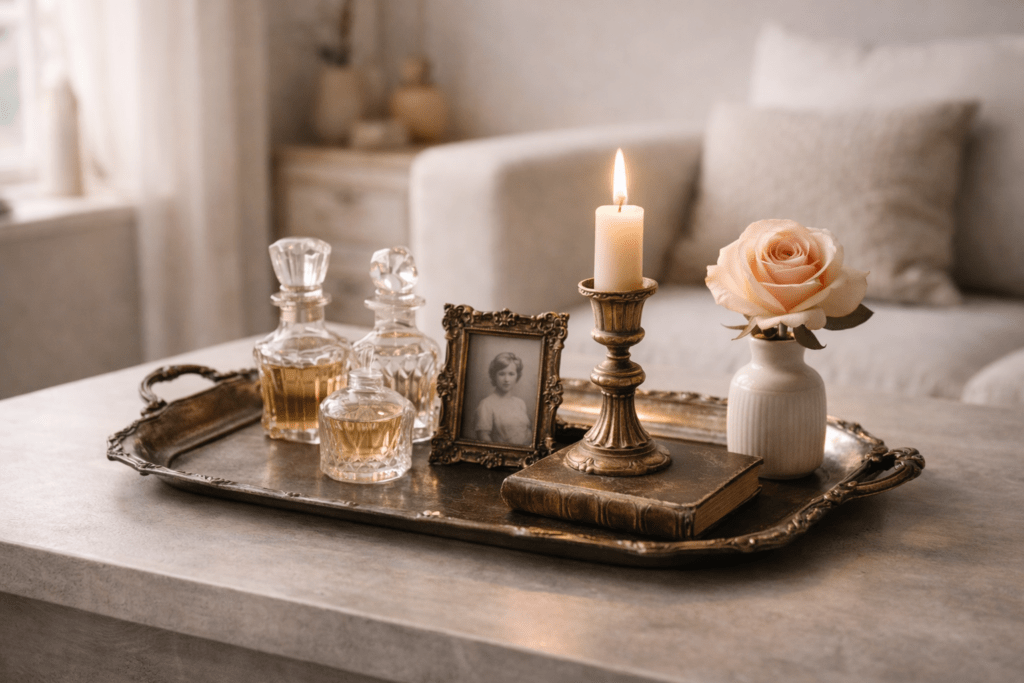 Vintage Deko-Tablett aus angelaufenem Silber auf heller Oberfläche mit geschliffenen Parfumflakons, dekorativem Bilderrahmen mit Schwarz-Weiß-Porträt, Kerze im verzierten Kerzenhalter und zarter Rose in kleiner Vase, stimmungsvoll beleuchtet in nostalgischer, eleganter Atmosphäre.
