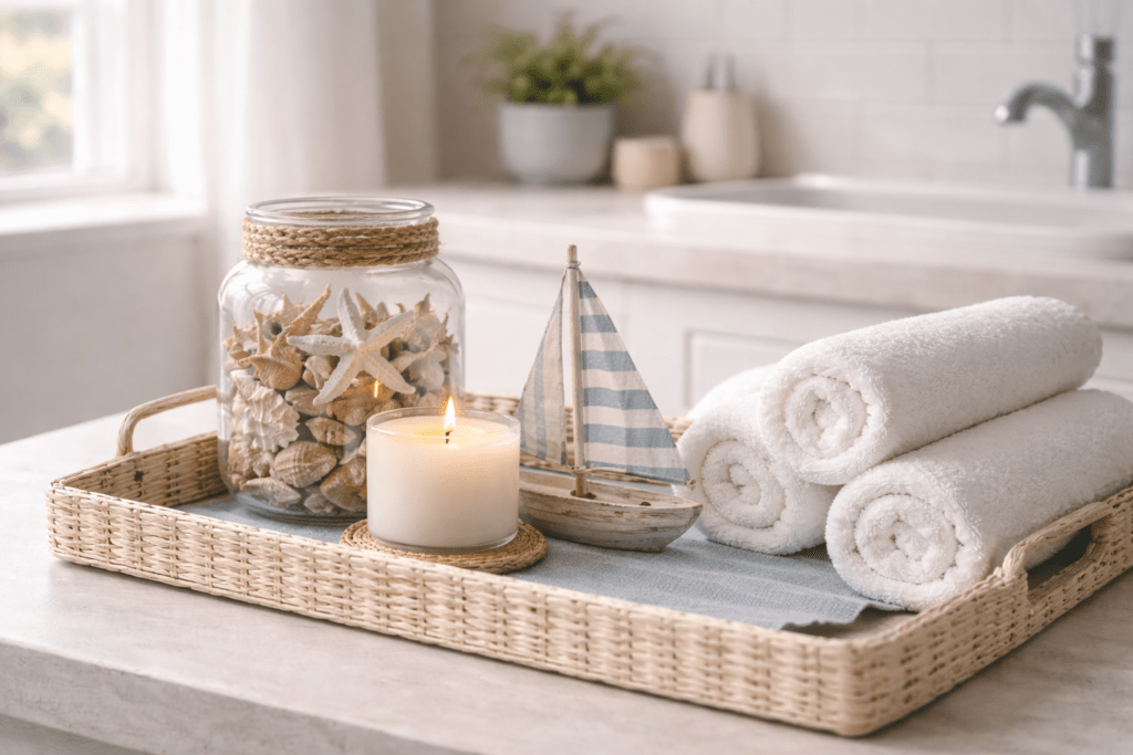 Maritimes Deko-Tablett im Badezimmer aus hellem Korbmaterial mit Glasgefäß voller Muscheln, Duftkerze, kleiner Segelboot-Figur und ordentlich gerollten weißen Handtüchern auf heller Waschtischplatte in natürlichem Tageslicht.