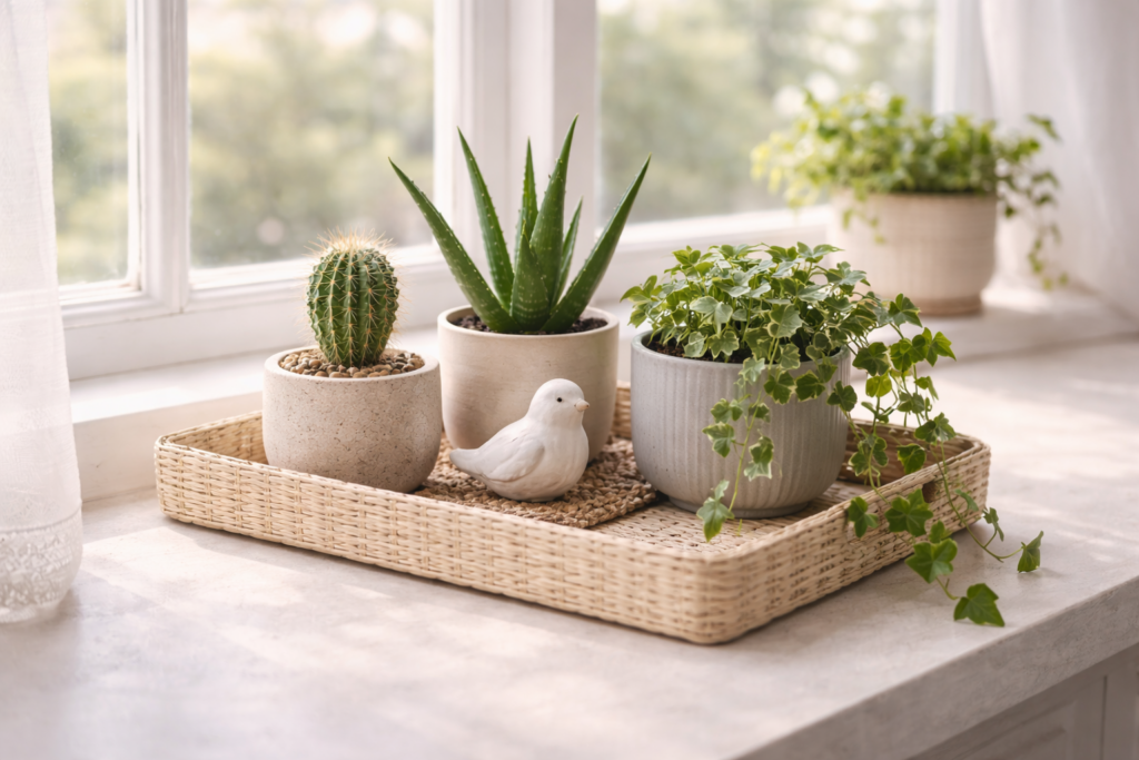 Helles Fensterbrett mit geflochtenem Tablett, darauf Mini-Kaktus, Aloe Vera und hängender Efeu in neutralen Keramiktöpfen sowie kleine Keramik-Vogelfigur, arrangiert im weichen Tageslicht für eine frische, natürliche Wohnatmosphäre.