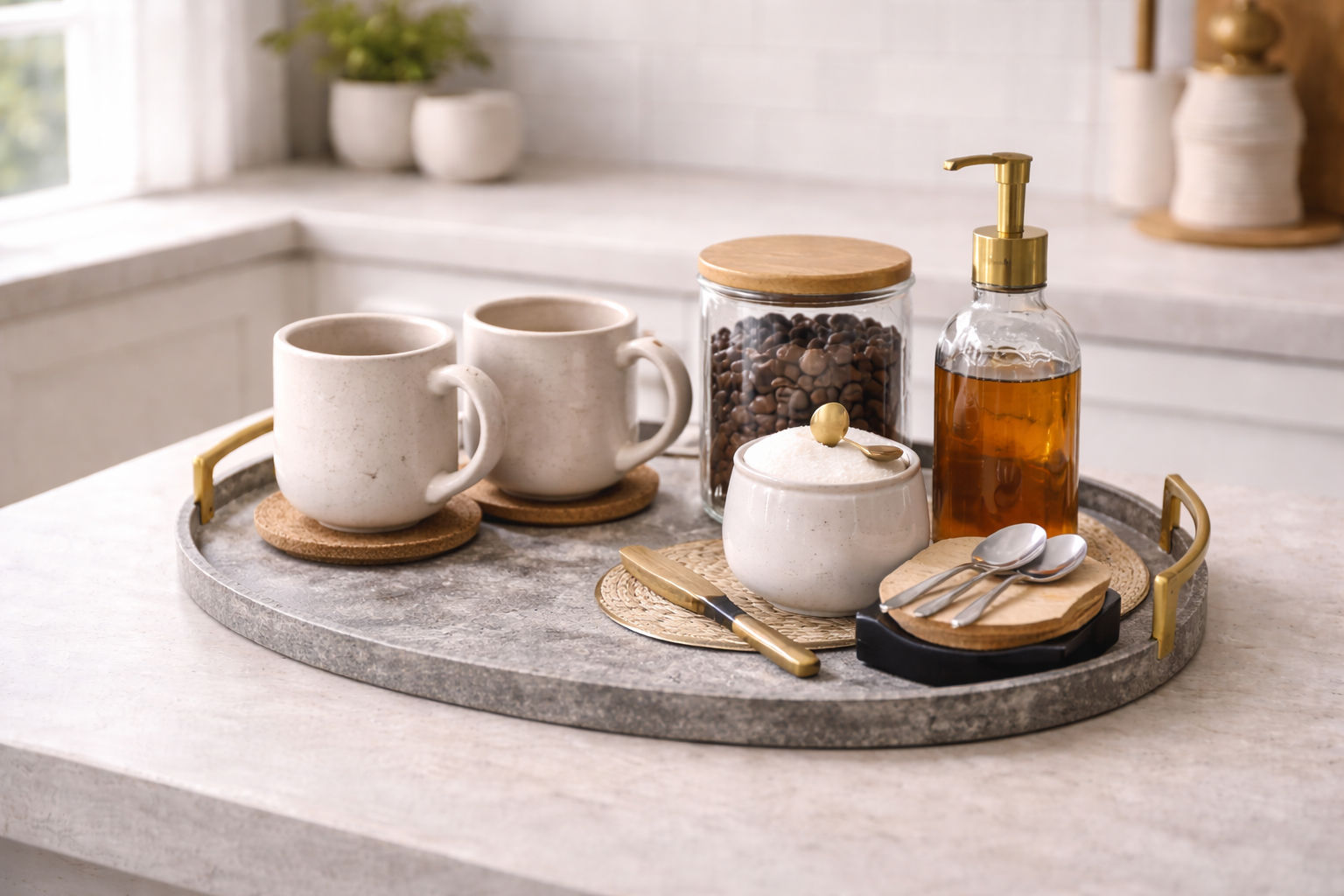 Gemütliche Kaffee-Station auf rundem grauem Stein-Tablett mit goldenen Griffen, zwei hellen Keramiktassen auf Untersetzern, Glasbehälter mit Kaffeebohnen, Zuckerdose, Sirupflasche mit Goldpumpe, Löffeln und Untersetzern auf heller Küchenarbeitsplatte im Tageslicht.