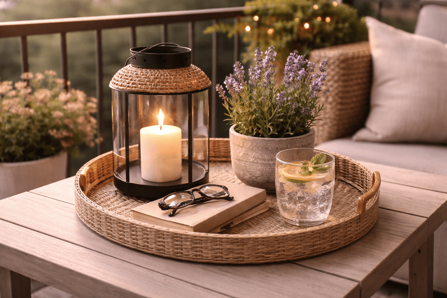 Gemütliches Balkon-Tablett aus wetterfestem Korbmaterial auf kleinem Holztisch mit Glaslaterne und Kerze, Lavendelpflanze im Topf, Buch mit Brille und Getränk im Glas, stimmungsvoll beleuchtet im warmen Abendlicht.
