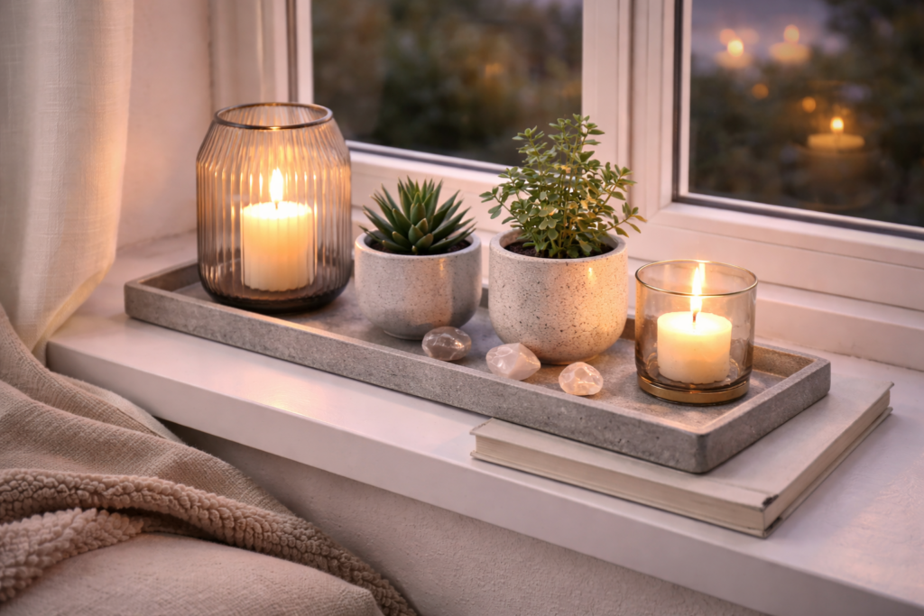Gemütliche Fensterbank mit schmalem Deko-Tablett, mehreren Kerzen in Glaswindlichtern, kleinen Zimmerpflanzen in neutralen Keramiktöpfen, Natursteinen und einem Buch, stimmungsvoll arrangiert im warmen Abendlicht.