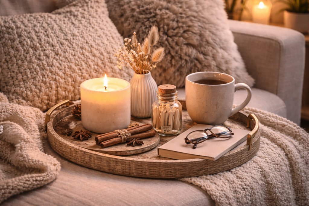 Gemütliches Hygge-Deko-Tablett neben Sofa mit großer Duftkerze im schlichten Keramikgefäß, kleiner Vase mit Trockenblumen, Buch und Teetasse, umgeben von weichen Kissen und warmem Kerzenlicht für eine ruhige, entspannte Wohnatmosphäre.