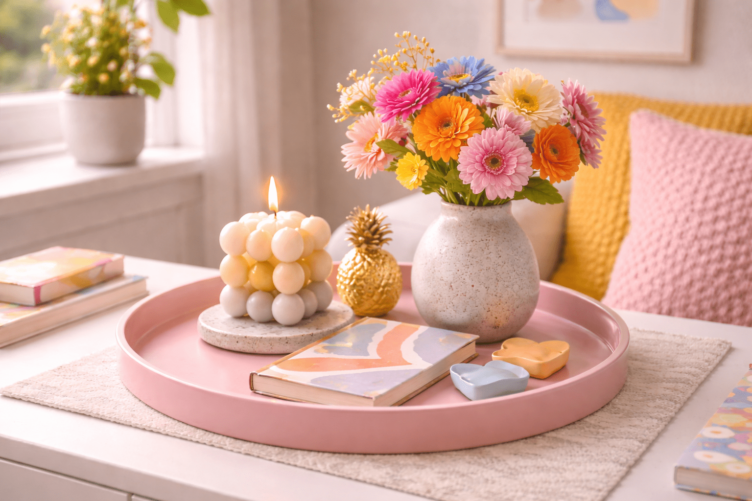 Pastellfarbenes Deko-Tablett in zartem Rosé auf hellem Sideboard mit moderner Bubble-Kerze aus Kugeln, Vase mit bunten Blumen in sanften Farbtönen, kleiner goldener Dekofigur und farbigem Buch, inszeniert im hellen Tageslicht für fröhliche, stilvolle Dopamine-Decor-Akzente.
