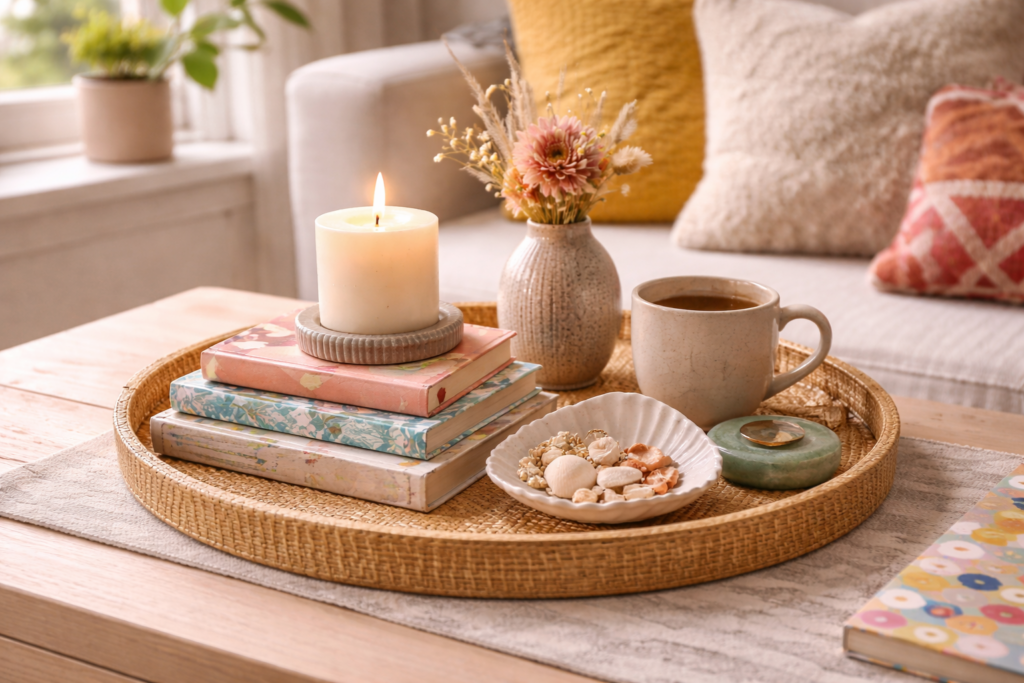 Eklektisches Deko-Tablett aus geflochtenem Material auf Couchtisch mit gestapelten Büchern, Kerze im Keramikhalter, kleiner Vase mit Trockenblumen, dekorativer Schale mit Muscheln und persönlichen Fundstücken, arrangiert im weichen Tageslicht für eine individuelle, kreative Wohnatmosphäre.