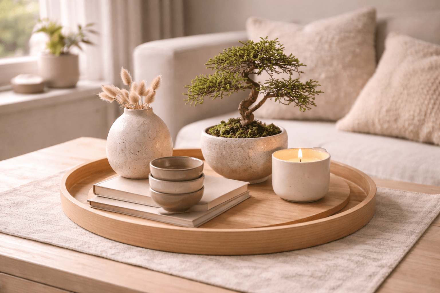 Japandi Deko-Tablett aus hellem Holz mit Bonsai, schlichter Keramikvase, Duftkerze und kleinen Teeschalen auf neutralem Buch, ruhig arrangiert im weichen Tageslicht für eine harmonische, minimalistische Wohnatmosphäre.
