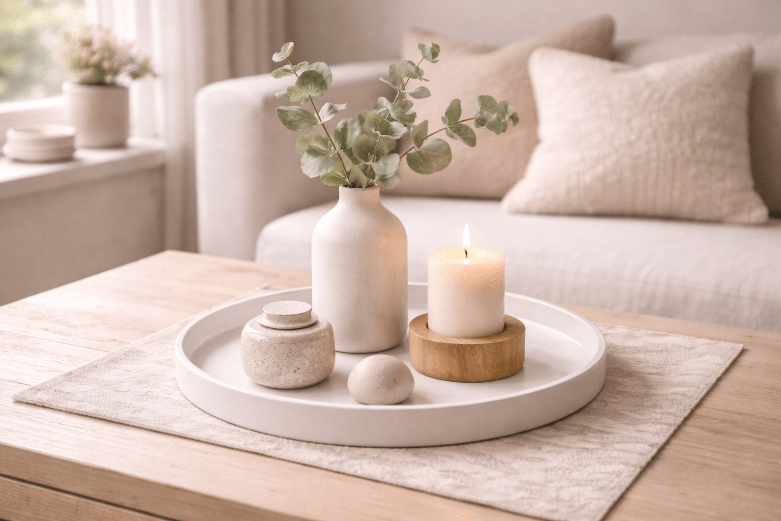 Skandinavisches Deko-Tablett auf hellem Couchtisch mit schlichter weißer Keramikvase, Eukalyptuszweigen, minimalistischer Kerze im Holzhalter und dezenter Keramikdeko, arrangiert im weichen Tageslicht für eine ruhige, gemütliche Wohnatmosphäre.