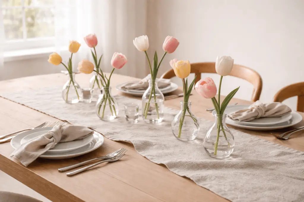 Heller Esstisch aus Holz mit locker drapiertem Leinenläufer in Naturtönen, darauf mehrere kleine Glasvasen mit einzelnen Tulpen in Weiß, Rosa, Apricot und zartem Gelb. Der Tisch ist mit schlichtem weißen Geschirr, neutralen Leinenservietten und Besteck gedeckt. Weiches Tageslicht sorgt für eine ruhige, minimalistische Frühlings-Tischdeko.