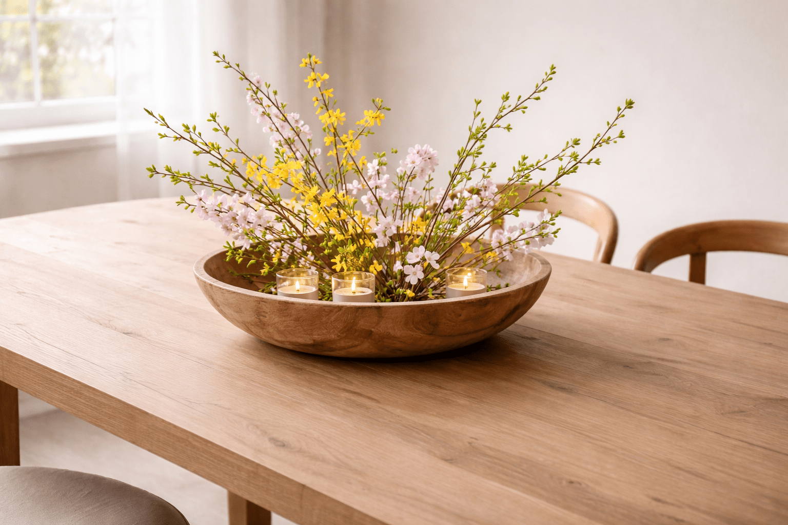 Großer Esstisch aus hellem Holz ohne Tischdecke, in der Mitte eine flache Holzschale mit locker arrangierten Frühlingszweigen aus Forsythien, Kirschblüten und frischem Grün. Zwischen den Zweigen stehen kleine Glas-Teelichthalter mit Kerzen. Ruhige, minimalistische Frühlings-Tischdeko in warmem Tageslicht.