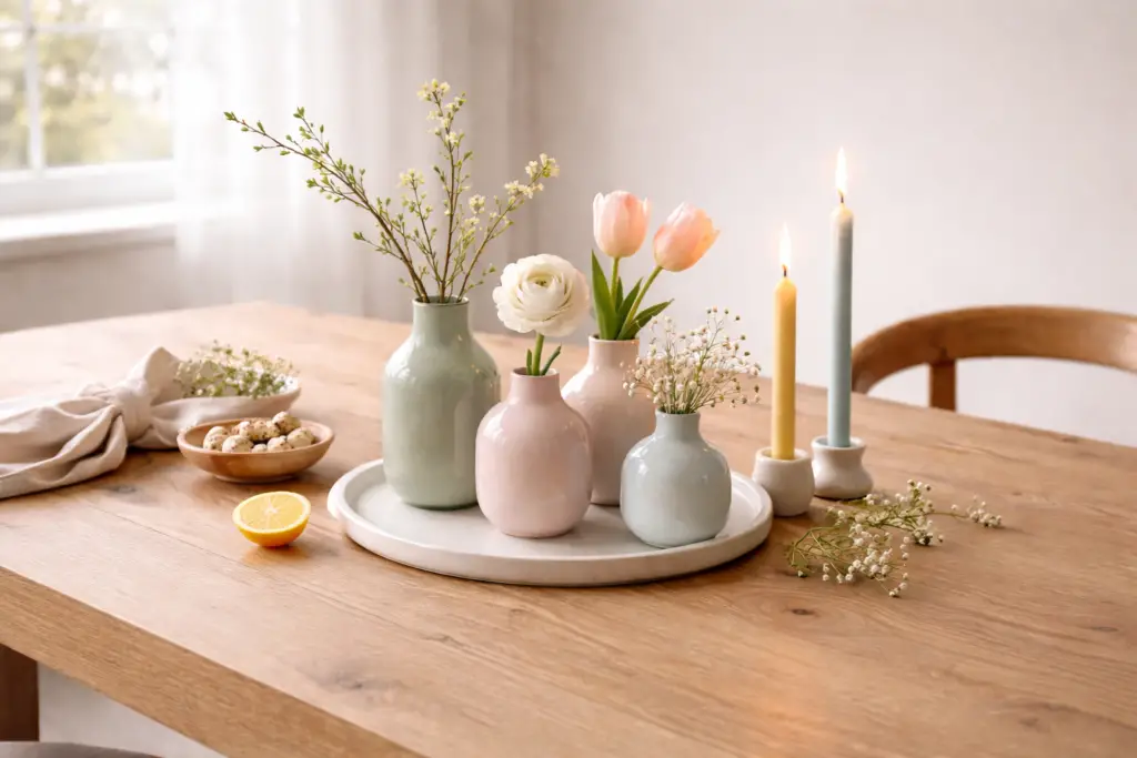 Frühlingshafte Tischdeko auf hellem Holztisch mit Keramikvasen in zarten Pastellfarben, gefüllt mit einzelnen Blüten und feinen Zweigen. Ergänzt wird das Arrangement durch schlanke Kerzen, kleine Schalen mit Wachteleiern, lose Blütenzweige und eine halbierte Zitrone. Ruhige, natürliche Frühlingsstimmung im weichen Tageslicht.