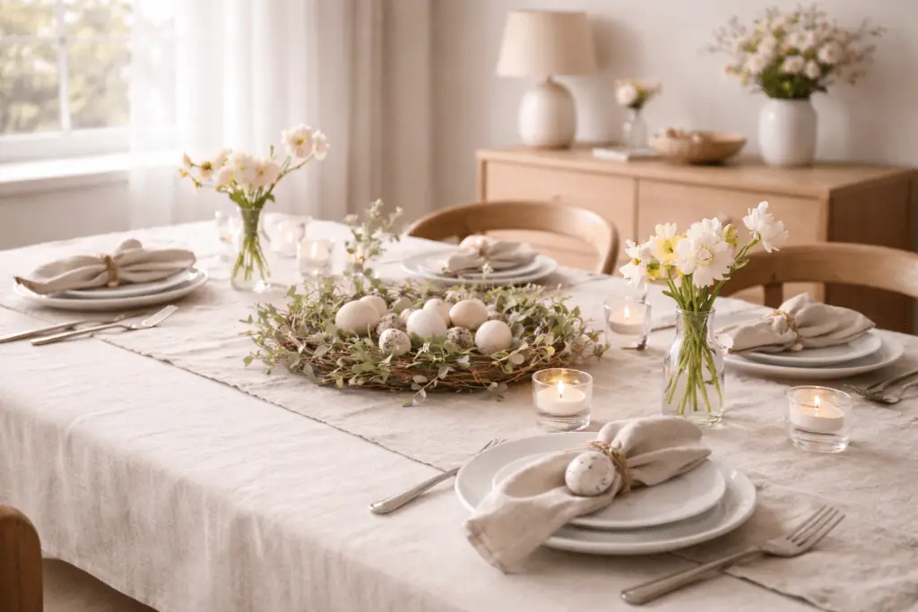 Heller Essbereich mit modern gedecktem Ostertisch aus Holz, gestaltet mit einem Leinenläufer, einem lockeren Kranz aus Eukalyptuszweigen und natürlich gefärbten Eiern. Schlichte weiße Teller, Leinenservietten mit Kordel und Ei, kleine Glasvasen mit Frühlingsblumen und dezente Kerzen sorgen für eine natürliche, elegante Oster-Tischdeko im weichen Tageslicht.
