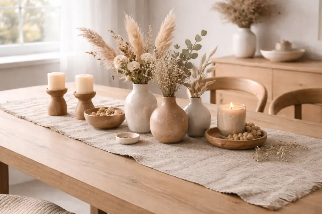 Boho Tischdeko auf hellem Holzesstisch mit grobem Leinenläufer, organisch geformten Keramikvasen und Trockenblumen wie Pampasgras und Eukalyptus. Holzkerzenhalter, handgefertigte Schalen und eine Duftkerze sorgen für eine warme, natürliche Atmosphäre im sanften Tageslicht.
