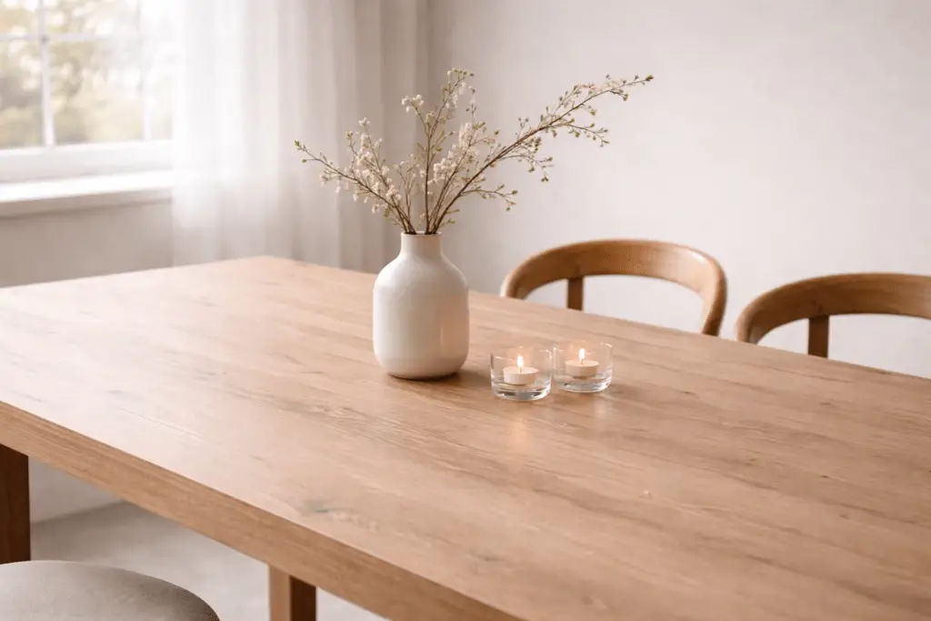 Minimalistische Tischdeko auf hellem Holzesstisch mit einer schlichten Keramikvase und feinen Blütenzweigen, ergänzt durch zwei kleine Glas-Teelichter. Der aufgeräumte Essbereich wirkt hell, modern und ruhig im sanften Tageslicht.